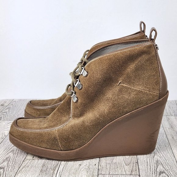 Calvin Klein Penelope Wedge Booties Womens Size 8.5M Tan Suede Lace-Up Ankle - Picture 4 of 16